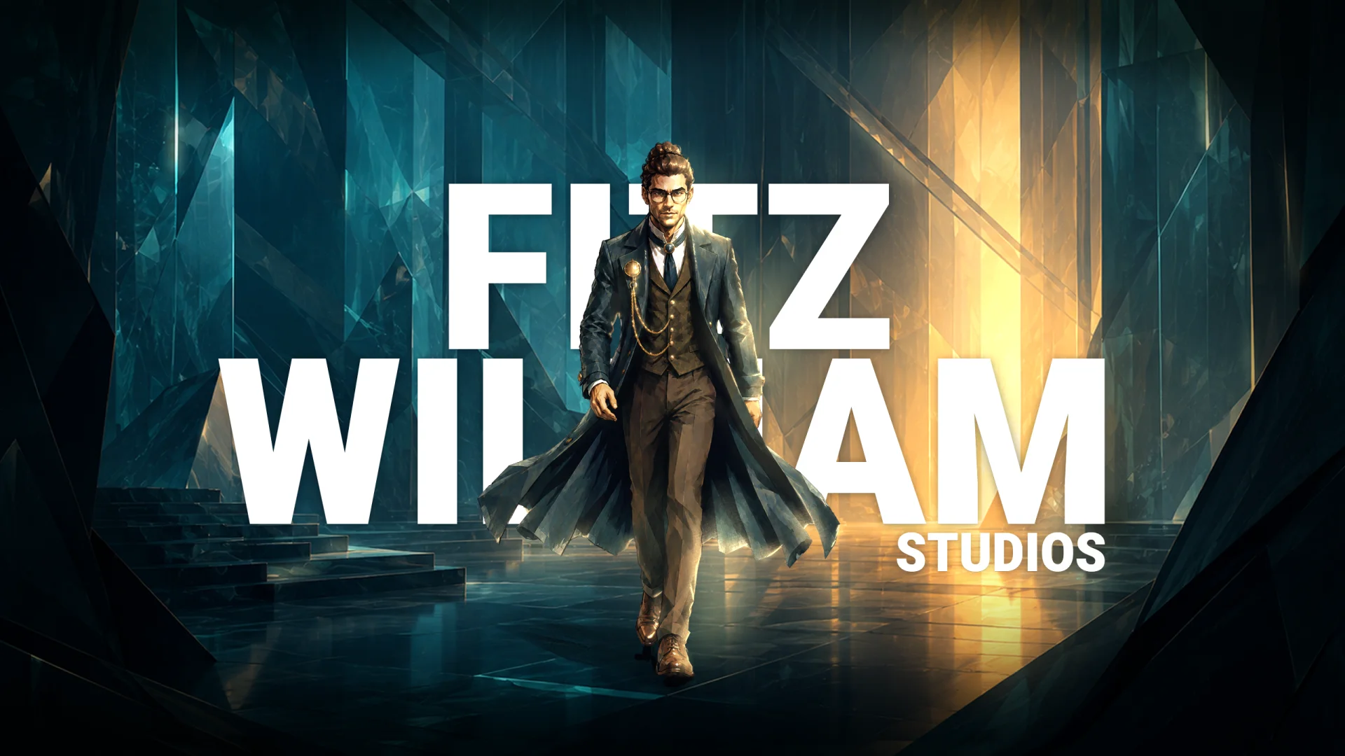 A Victorian academic figure in a teal frock coat strides confidently through a vast crystalline space glowing with amber light. The words FITZWILLIAM STUDIOS are set in bold display type behind the figure.